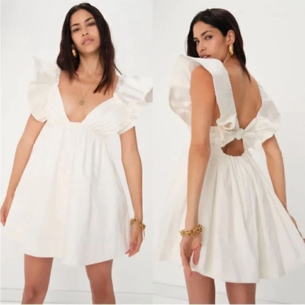 For Love & Lemons Clementine White Ruffle Sleeve Babydoll Mini Dress NWT